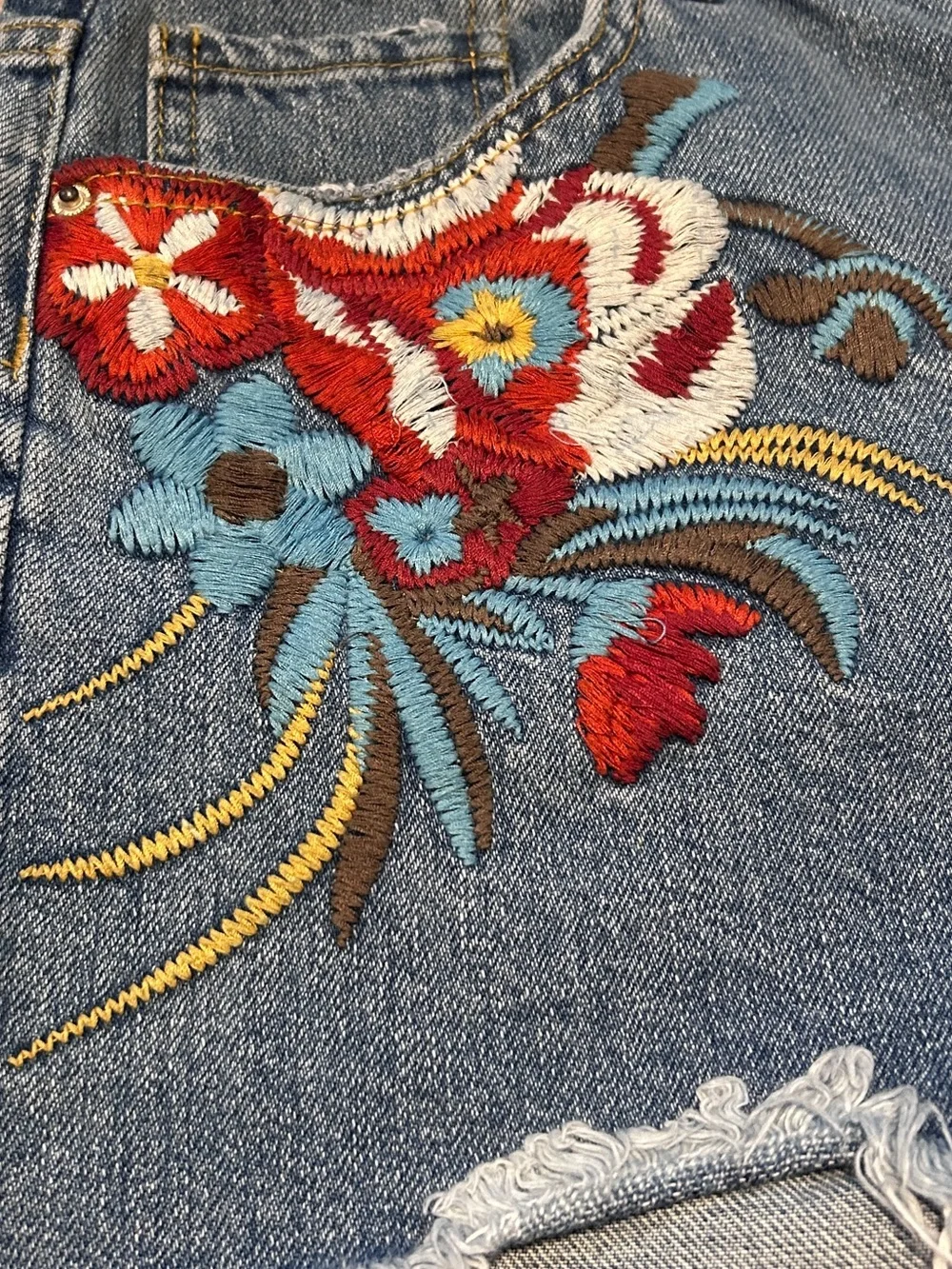 Bershka Embroidered Denim Shorts in Blue with Red & Turquoise Floral Accents
